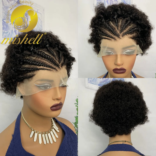 250% Density Afro Kinky Curly Human Hair Wigs with Braids 13x4 Transparent Lace Short Bouncy Curly Bob Wig for Women PrePlucked