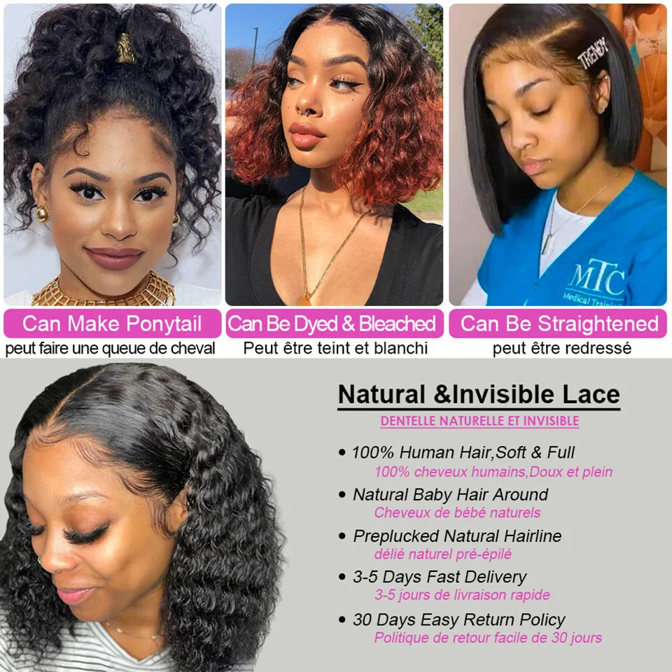 Nicelight Brazilian Deep Wave Lace Front Wig Wet And Wavy Lace Frontal Human Hair Wigs For Black Women Pre Plucked 150% Bob Wigs