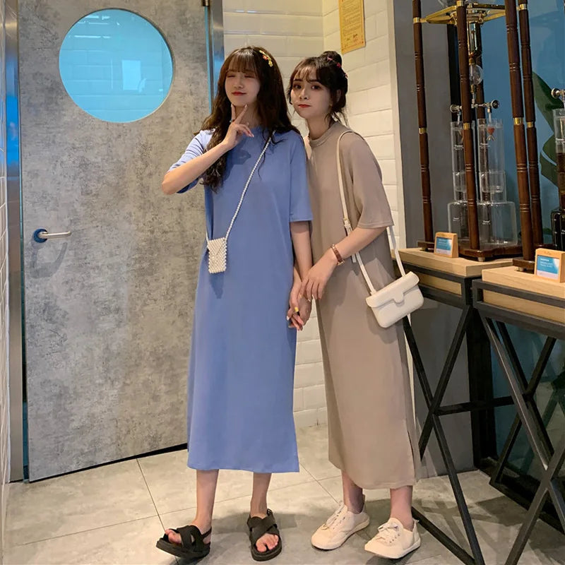 T Shirt Dress Women Summer Casual Loose Dresses Short Sleeve O Neck Tunic Long Maxi Side Slit Solid Color Dress  Clothes