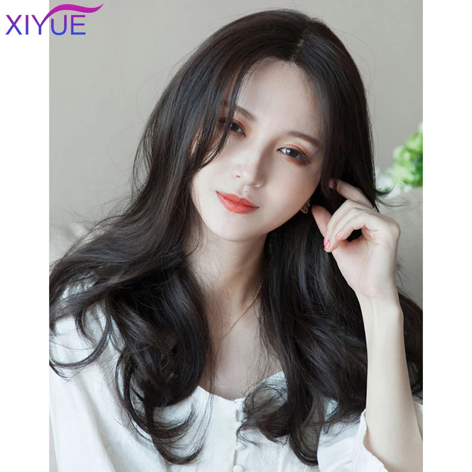 XIYUE Long Synthetic Curly Wigs With Center Bangs Natural Curly Dark Brown Wigs for Women Cosplay Wigs Heat Resistant Fiber Wigs