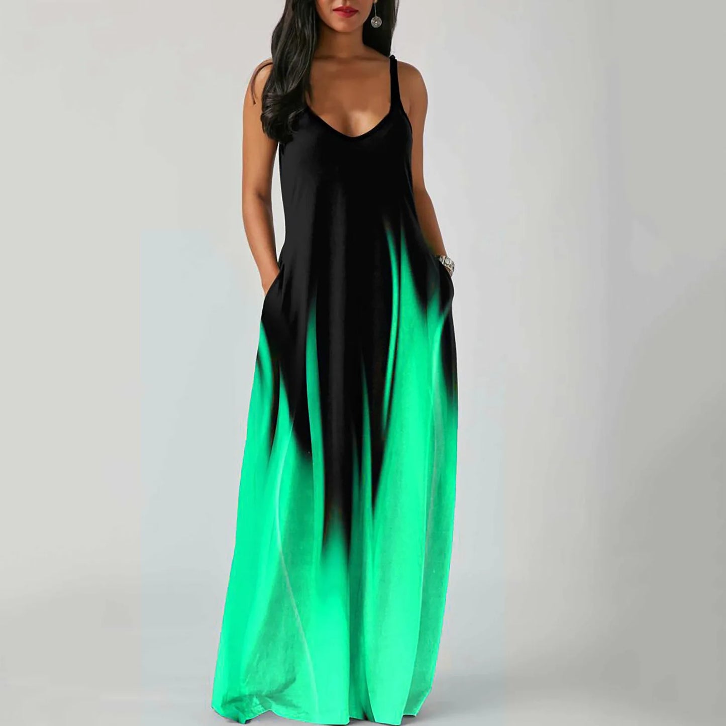 Sexy Spaghetti Strap Gradient Long Maxi Dress Women Casual Sleeveless Loose Pocket Boho Sundress Holiday Party Robe Vestidos