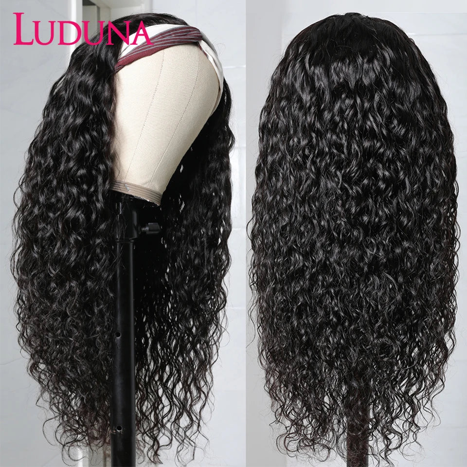 Luduna Water Wave Headband Wig Brazilian Curly Headband Wig Human Hair 30 Inch Glueless Machine Made Wigs For Women Human Hair