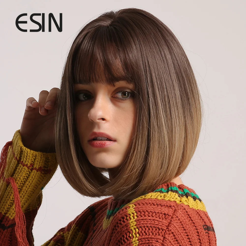 ESIN Synthetic Hair Brown Ombre to Light Brown Medium Long Straight Bob Wig with Bangs Cosplay Wigs for Women Heat Resistant