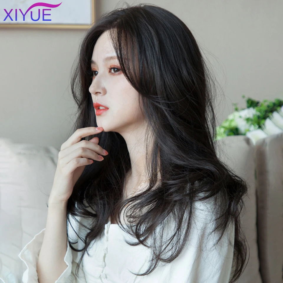 XIYUE Long Synthetic Curly Wigs With Center Bangs Natural Curly Dark Brown Wigs for Women Cosplay Wigs Heat Resistant Fiber Wigs