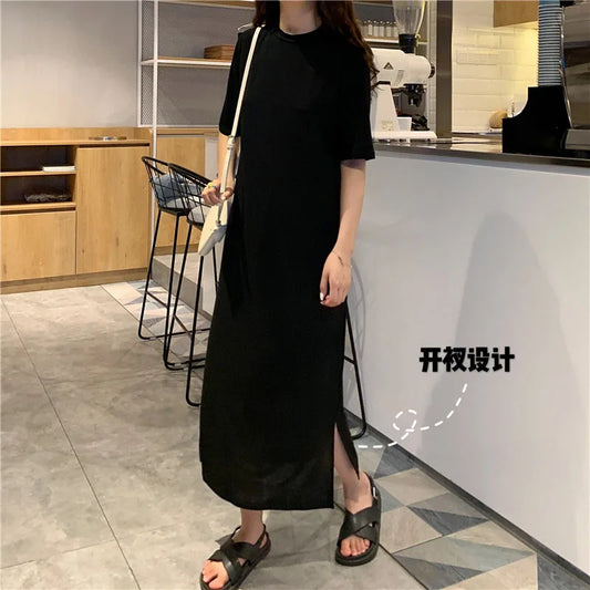 T Shirt Dress Women Summer Casual Loose Dresses Short Sleeve O Neck Tunic Long Maxi Side Slit Solid Color Dress  Clothes