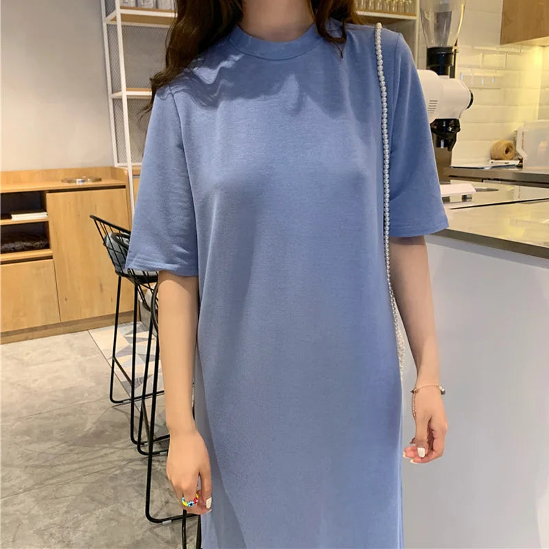 T Shirt Dress Women Summer Casual Loose Dresses Short Sleeve O Neck Tunic Long Maxi Side Slit Solid Color Dress  Clothes