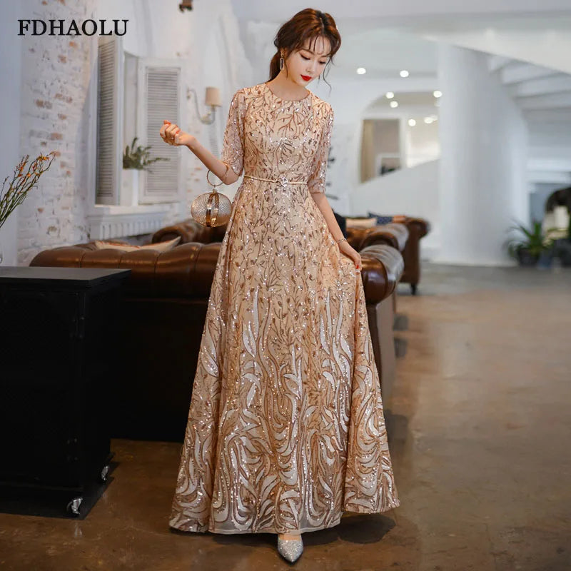 FDHAOLU Custom A Line Sequin Golden Evening Dress Long Prom Party Dresses Evening Gown Formal Dress Women Elegant Robe De Soiree