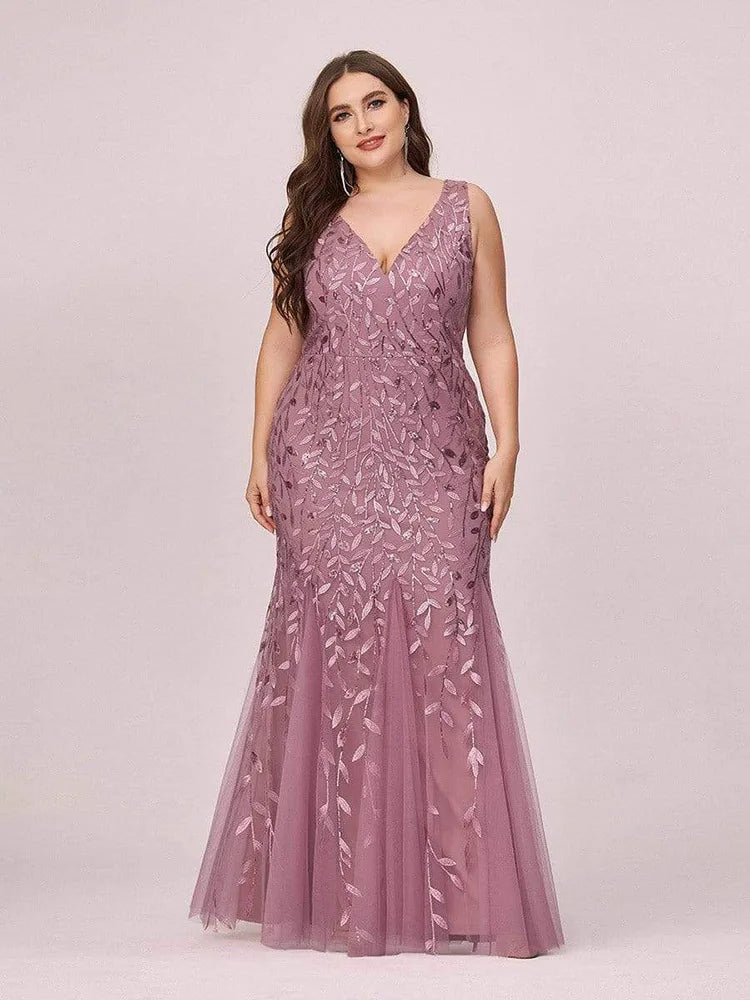 Plus Size Sleeveless Cocktail Dress V Neck  Back Mermaid Party Prom Gowns Tulle Sequins Full estidoes Women