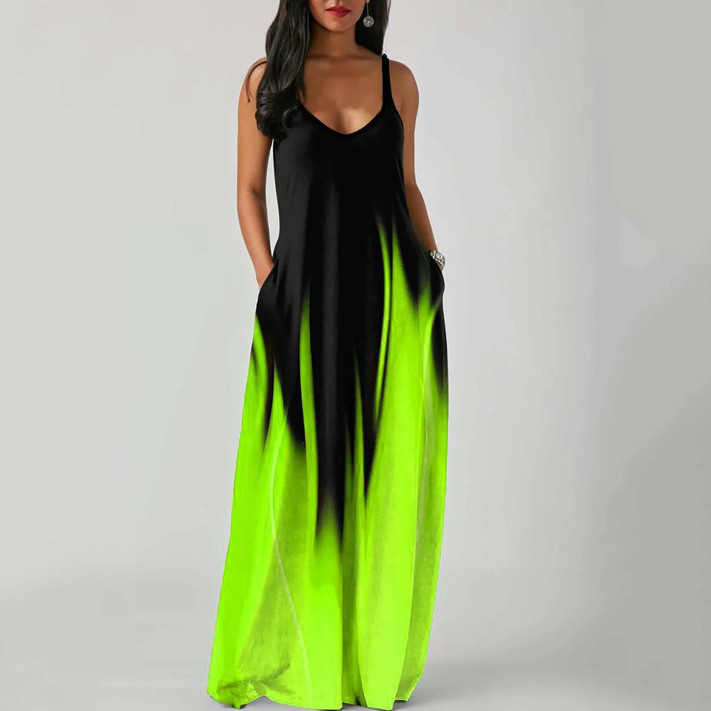 Sexy Spaghetti Strap Gradient Long Maxi Dress Women Casual Sleeveless Loose Pocket Boho Sundress Holiday Party Robe Vestidos