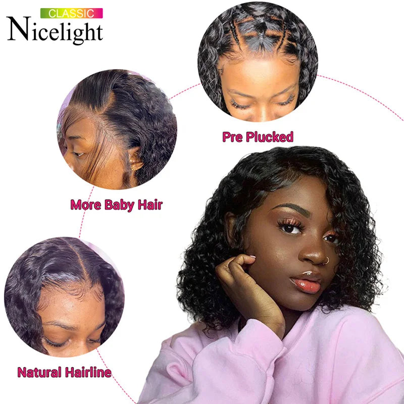 Nicelight Brazilian Deep Wave Lace Front Wig Wet And Wavy Lace Frontal Human Hair Wigs For Black Women Pre Plucked 150% Bob Wigs