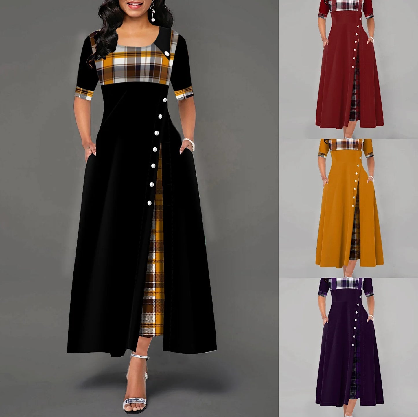 Summer Fashion Women Loose Boho Elegant Dress Large Big Party O-Neck Plaid Half Sleeve Irregular Long Dresses