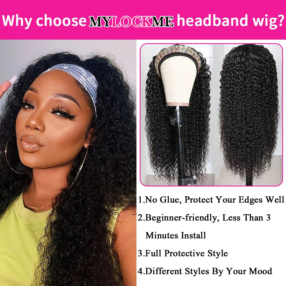 Headband Wig Human Hair Kinky Curly MYLOCKME Glueless Full Machine Made Brazilian Remy Human Hair Wigs For Women 180% Density