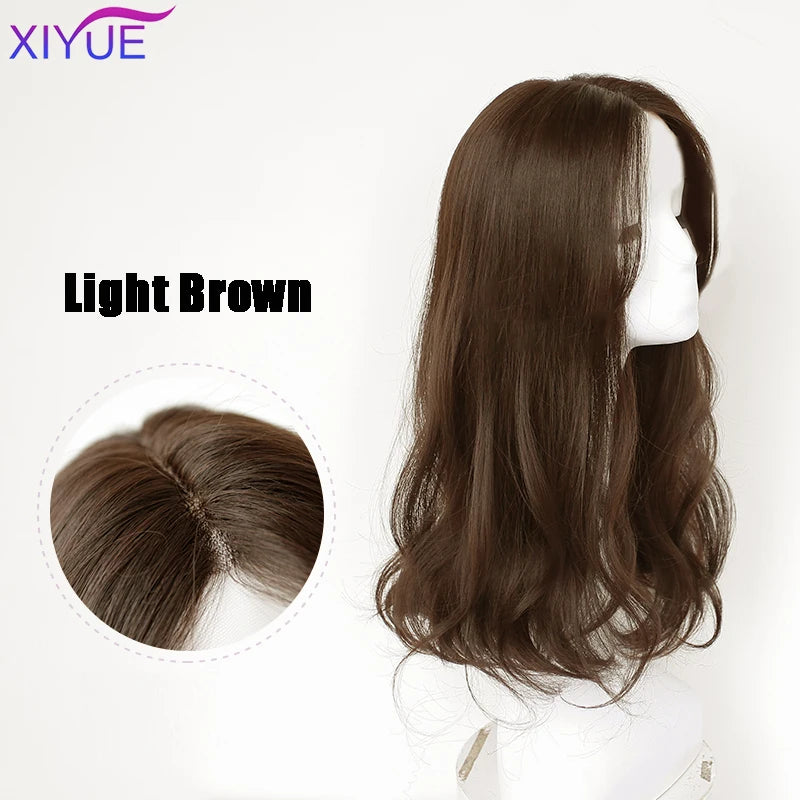 XIYUE Long Synthetic Curly Wigs With Center Bangs Natural Curly Dark Brown Wigs for Women Cosplay Wigs Heat Resistant Fiber Wigs