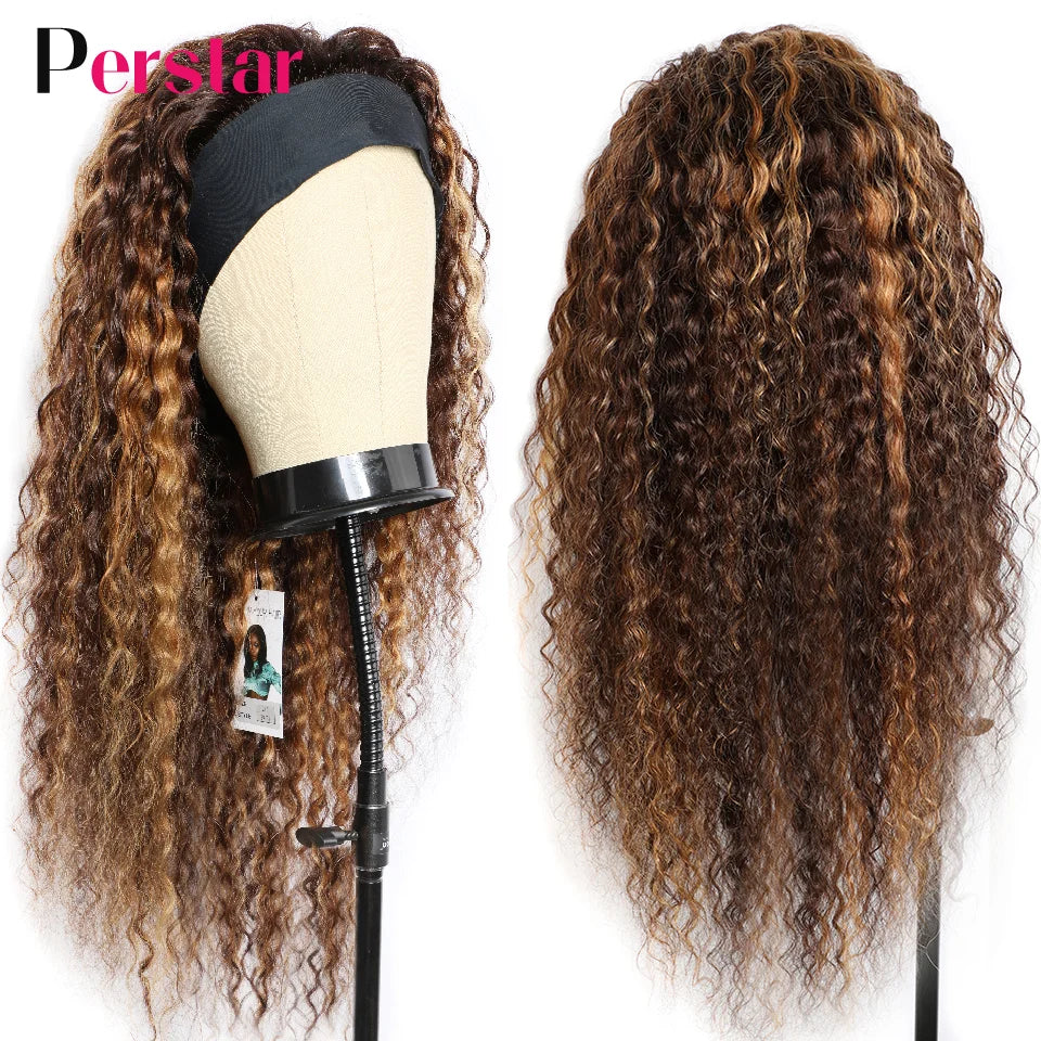 Perstar Ombre Headband Wigs Human Hair Water Curly Headband Human Hair Wigs for Women Brazilian Highlight Wigs Honey Blonde Wig