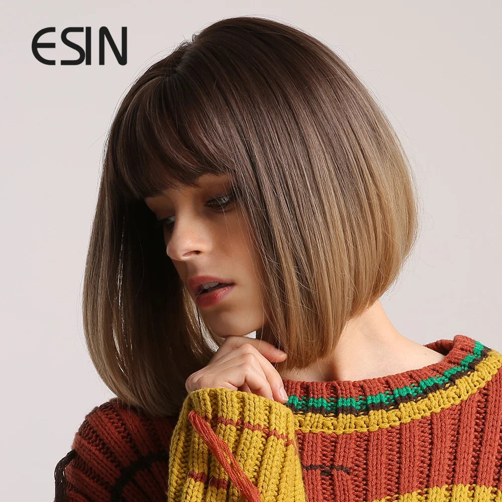 ESIN Synthetic Hair Brown Ombre to Light Brown Medium Long Straight Bob Wig with Bangs Cosplay Wigs for Women Heat Resistant