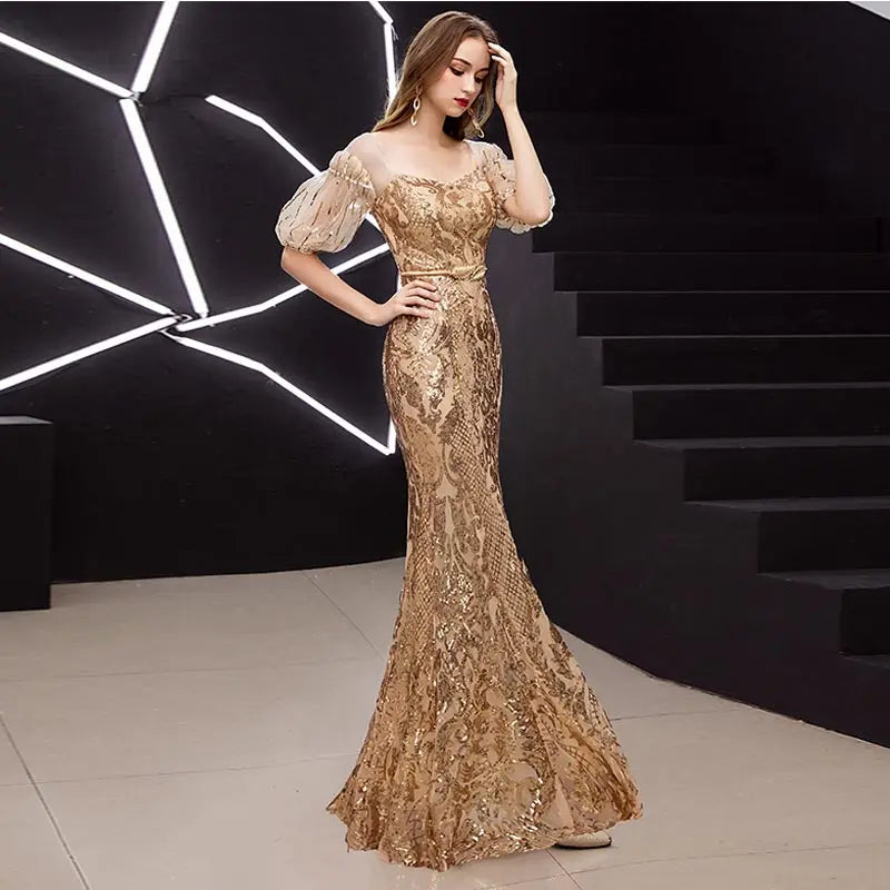 Vestido Elegant Prom Dresses Vestido de Festa Gown Mermaid Robe De Soiree Half Puff Sleeves Bling Sequins Dresses For Women 2023