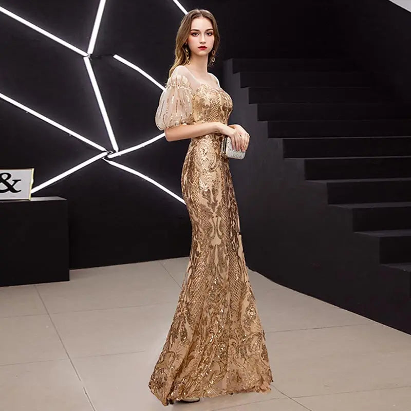 Vestido Elegant Prom Dresses Vestido de Festa Gown Mermaid Robe De Soiree Half Puff Sleeves Bling Sequins Dresses For Women 2023