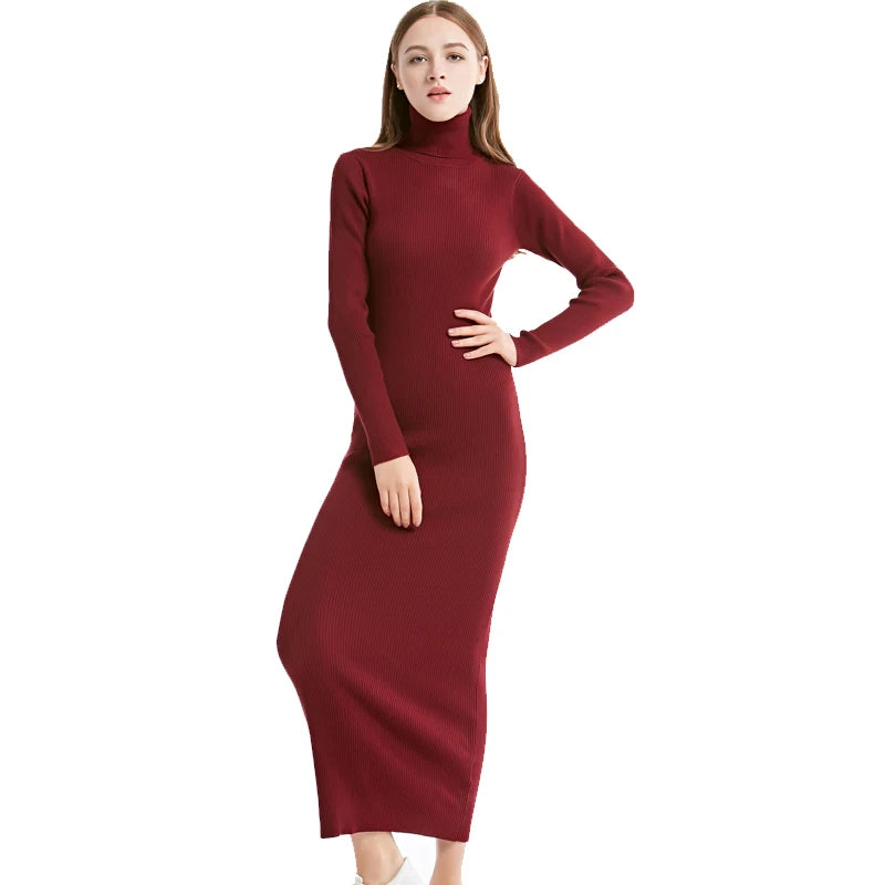 New Fashion Women Sexy Party Dress Knit Style Long Sleeve Turtleneck Winter Maxi Dress Slim Work Wear Office Dress Vestidos