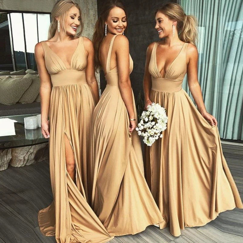 FATAPAESE Sexy Evening Dress Slit Champagne Gold Bridesmaid Dresses Long Satin Gowns V Neck Formal Prom Party Robe Custom-Made