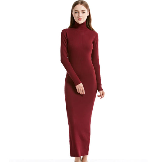 New Fashion Women Sexy Party Dress Knit Style Long Sleeve Turtleneck Winter Maxi Dress Slim Work Wear Office Dress Vestidos