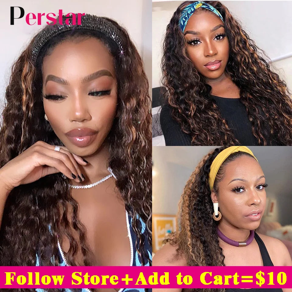 Perstar Ombre Headband Wigs Human Hair Water Curly Headband Human Hair Wigs for Women Brazilian Highlight Wigs Honey Blonde Wig