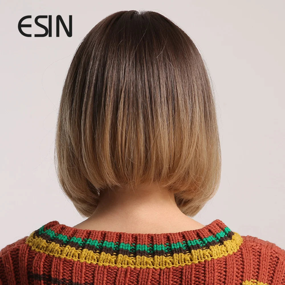 ESIN Synthetic Hair Brown Ombre to Light Brown Medium Long Straight Bob Wig with Bangs Cosplay Wigs for Women Heat Resistant