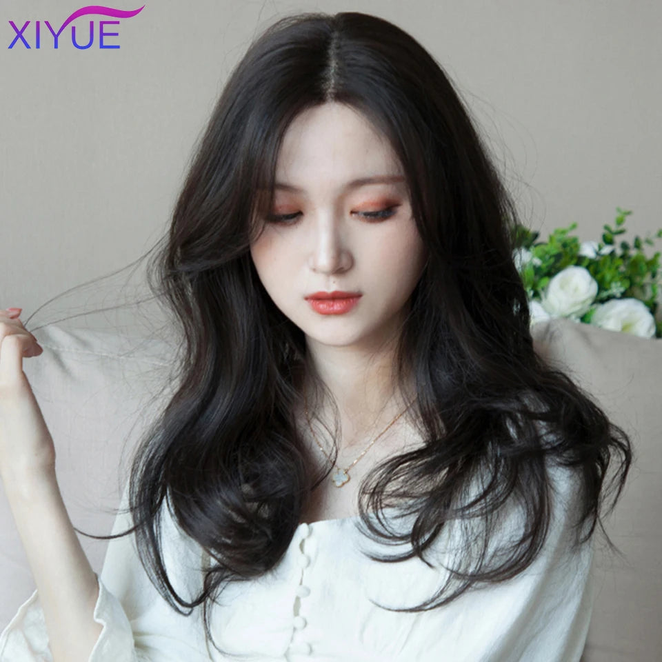 XIYUE Long Synthetic Curly Wigs With Center Bangs Natural Curly Dark Brown Wigs for Women Cosplay Wigs Heat Resistant Fiber Wigs