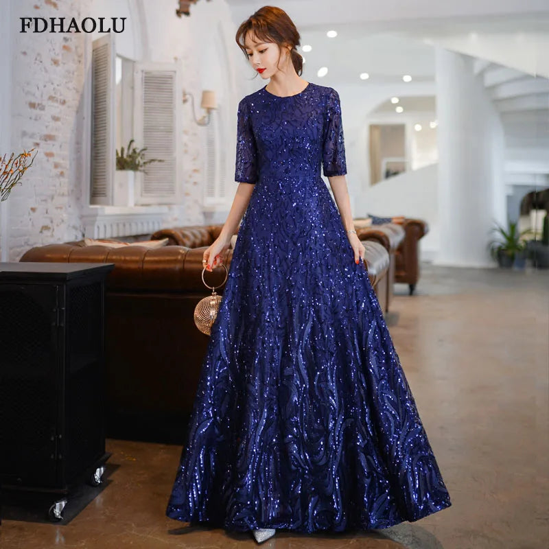 FDHAOLU Custom A Line Sequin Golden Evening Dress Long Prom Party Dresses Evening Gown Formal Dress Women Elegant Robe De Soiree