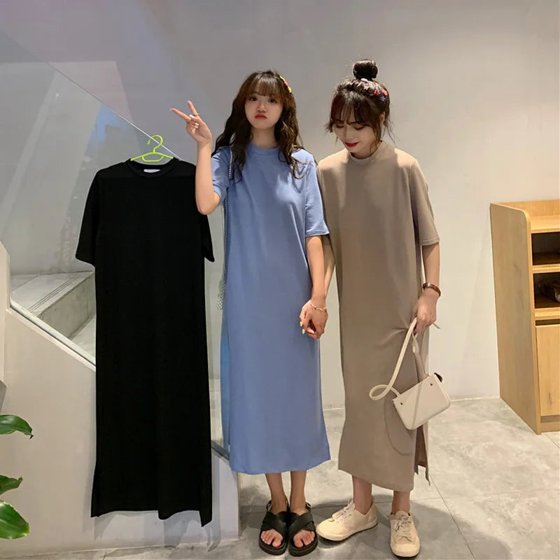 T Shirt Dress Women Summer Casual Loose Dresses Short Sleeve O Neck Tunic Long Maxi Side Slit Solid Color Dress  Clothes