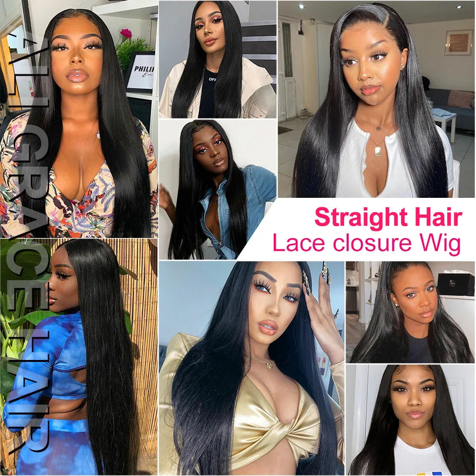 Ali Grace Straight Lace Closure Wigs 4X4 Closure Wig Human Hair Wigs Natural Hairline Peruvian 13X4 Lace Front Human Hair Wigs