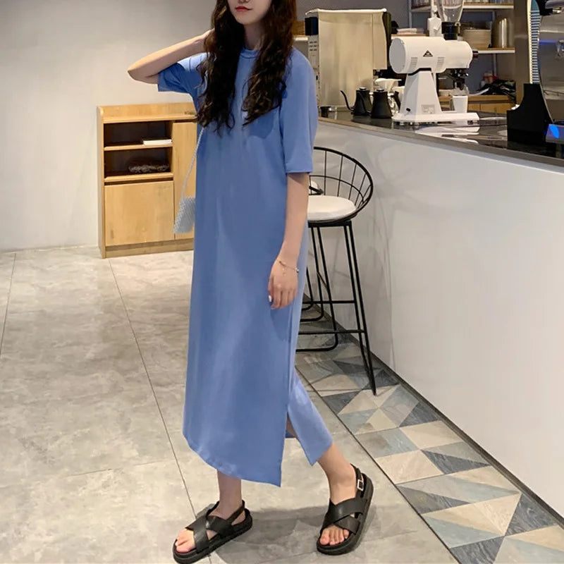 T Shirt Dress Women Summer Casual Loose Dresses Short Sleeve O Neck Tunic Long Maxi Side Slit Solid Color Dress  Clothes