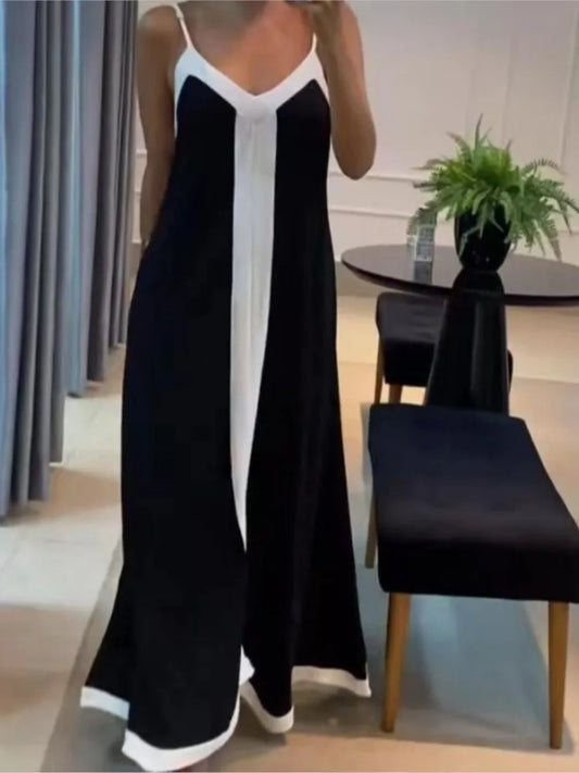 Women Casual V Neck Long Dress Summer Chic Stitching Color Loose Hem Dresses Elegant 2024 Backless Sleeveless Sling Maxi Dresses