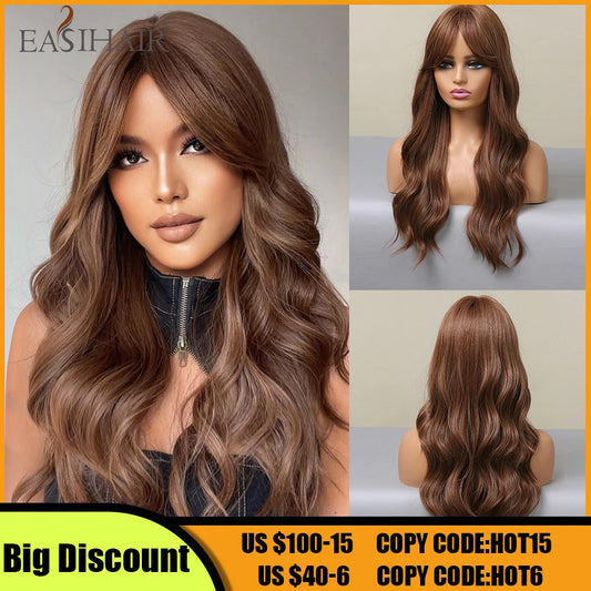 EASIHAIR Long Wavy Chestnut Brown Synthetic Wigs With Long Bangs for Women Cosplay Natural Hair Wig Heat Resistant Fiber Wig