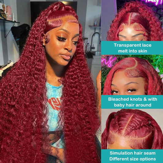 250 Density 30 40 Inch 99J Burgundy Deep Wave 13x4 Lace Front Human Hair Wig 13x6 Lace Frontal Red Curly Wigs Remy For Women