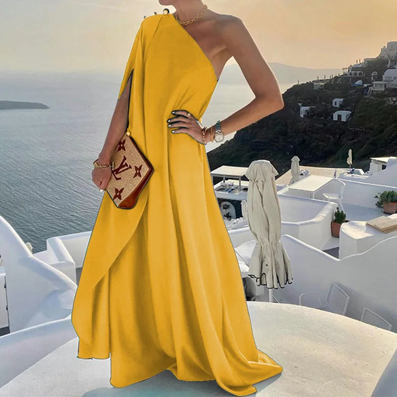 Women's Solid Slanted Shoulder Long Dress 2023 Elegant Sleeveless Loose Irregular Dress Sexy One Shoulder Casual Beach Sundress