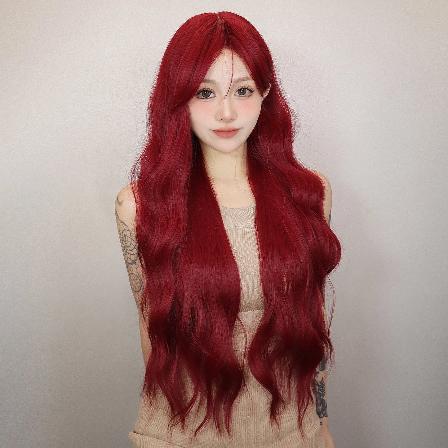 Long Body Wave Wig with Bangs Burgundy Wine Red Colorful Party Wig for Women Natural Daily Cosplay Synthetic Hair Heat Resistant