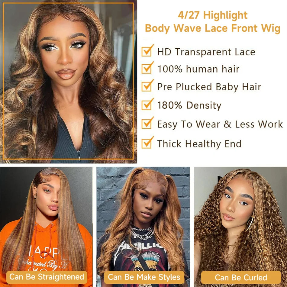 Highlight Wig Human Hair Ombre Brown Lace Front Wig Brazilian Hair Wigs For Women 32 Inch Honey Blonde Body Wave Lace Front Wig