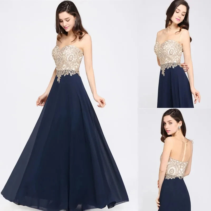 Long Lace Chiffon Evening Dresses Backless Women A-line Sweetheart Beaded Elegant Formal Prom Wedding Party Gown Robes De Soirée