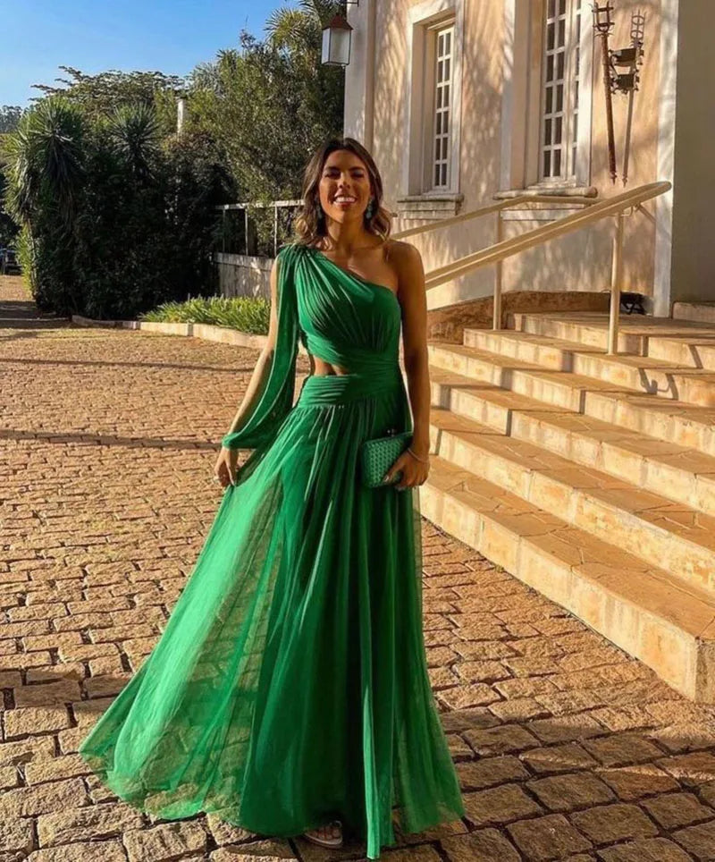 Sexy Women Green Hollow Out Party Dress Elegant One Shoulder Ribbon Ruffle Evening Dress Fashion Female High Split Vestido Robe