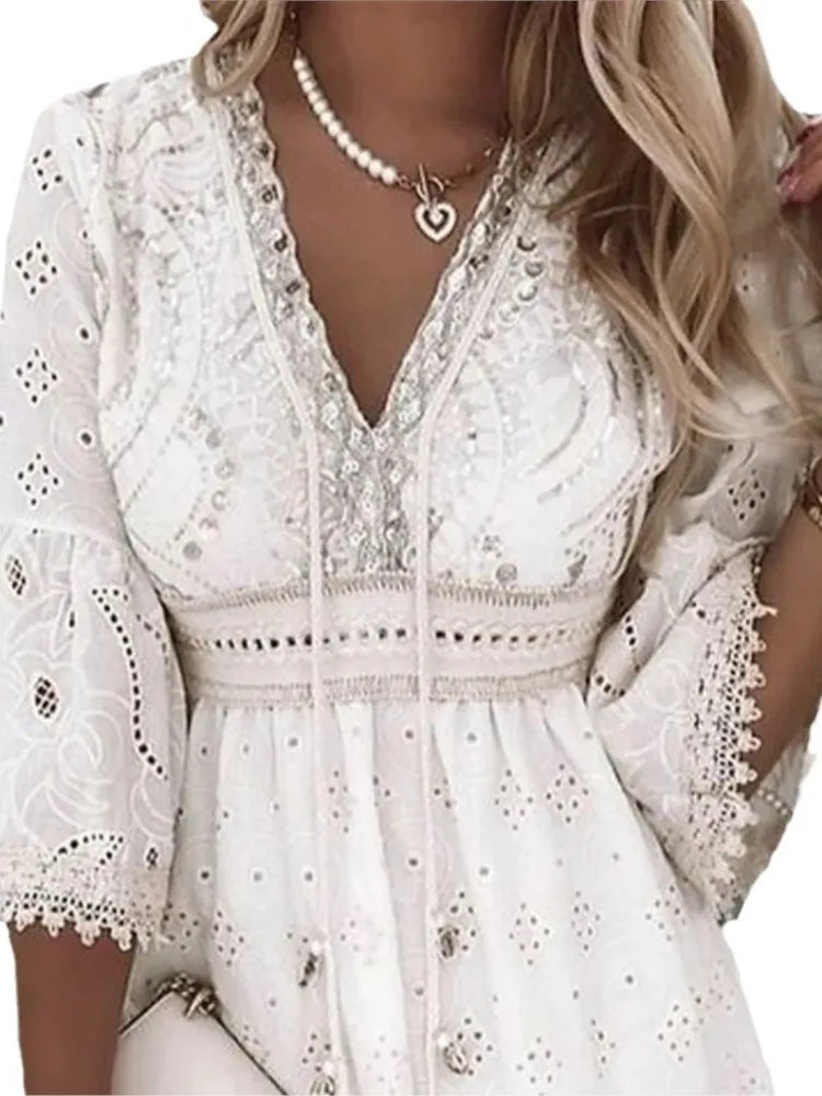 Women Elegant White Hollow Lace Mini Dress Summer V-neck Patchwork Lace Up Three Quarter Sleeve Ladies Vacation Beach Dresses