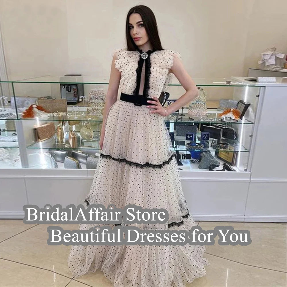 BridalAffair A Line Dotted Tulle Evening Dresses Vintage Long Party Dress Women Formal Prom Gowns Robe de soiree Occasion Gowns