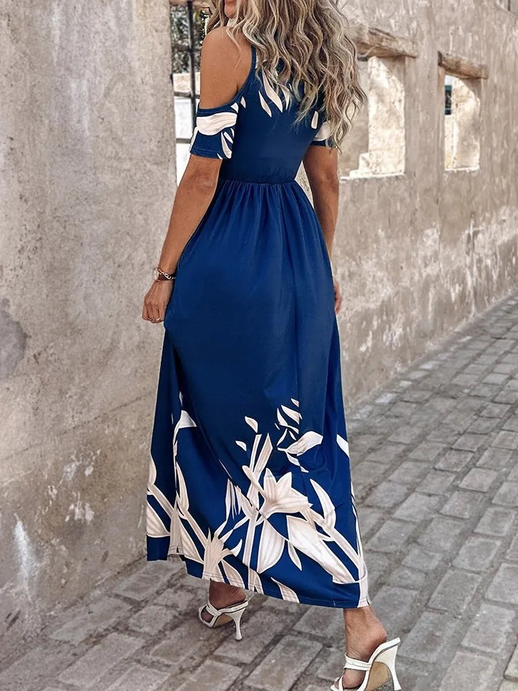 Summer Women Print Dress Fashion Sexy V Neck Short Sleeve Off Shoulder Casual Elegant Maxi Dresses Female Clubwear Casual Dress