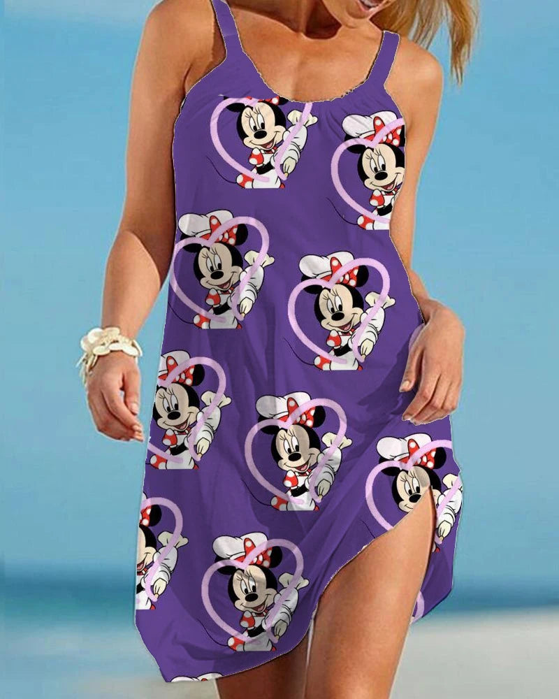 Disney Minnie Mickey Summer Women Beach Dress Sexy Swimsuit Female Beach Cover-Ups Wrap Towel Open Back Sling Mini Beach Dresses