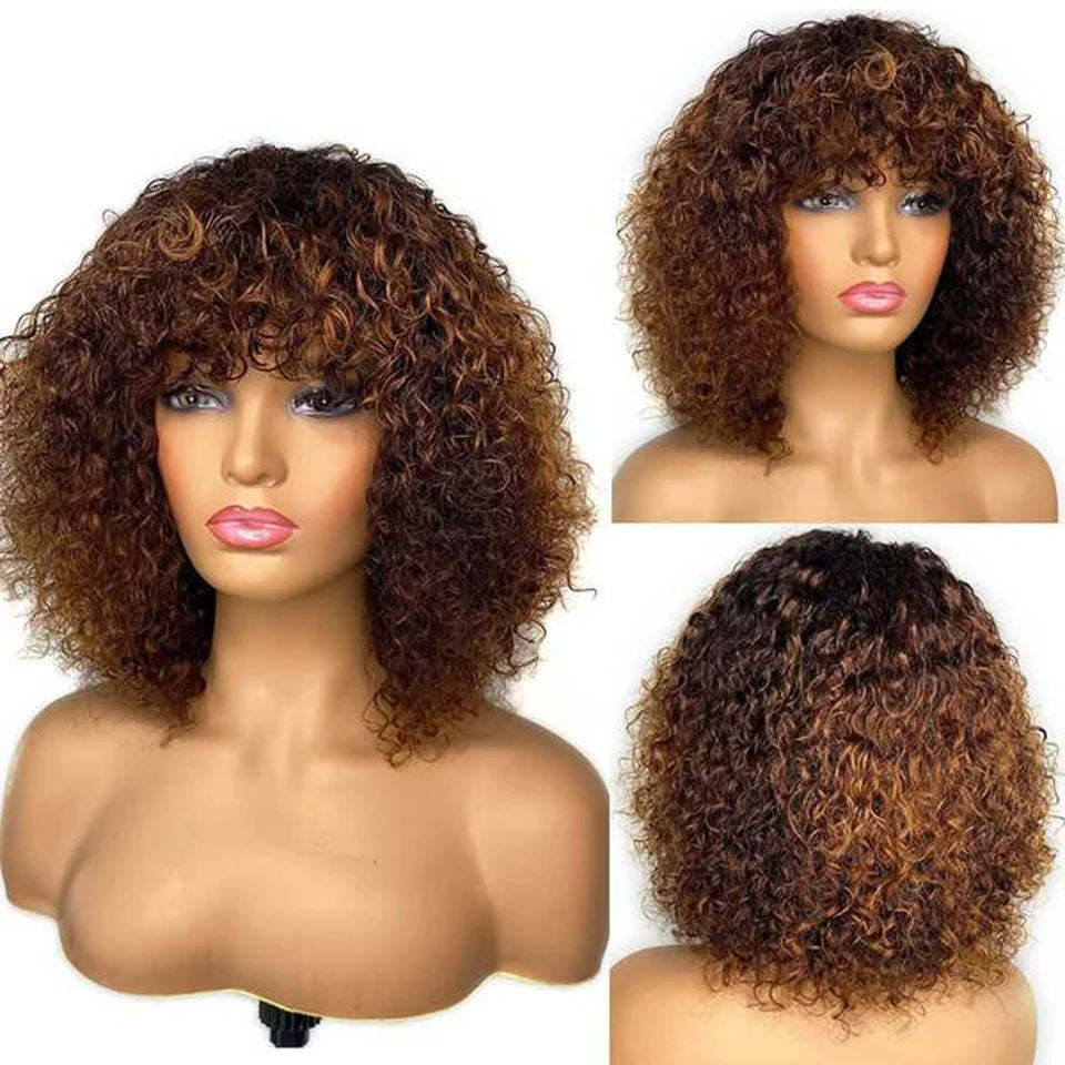 Brown color Short Pixie Curly Bob Cut Human Hair Wigs With Bangs Weat to go Jerry Curly Wig Highlight Colored Wigs For Women