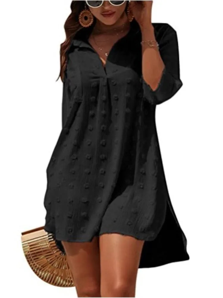 Woman Mini Black White Dress Fashion Casual Turn-down Collar Elegant Beach Party Dresses For Women Robe Femme Summer Beachwear