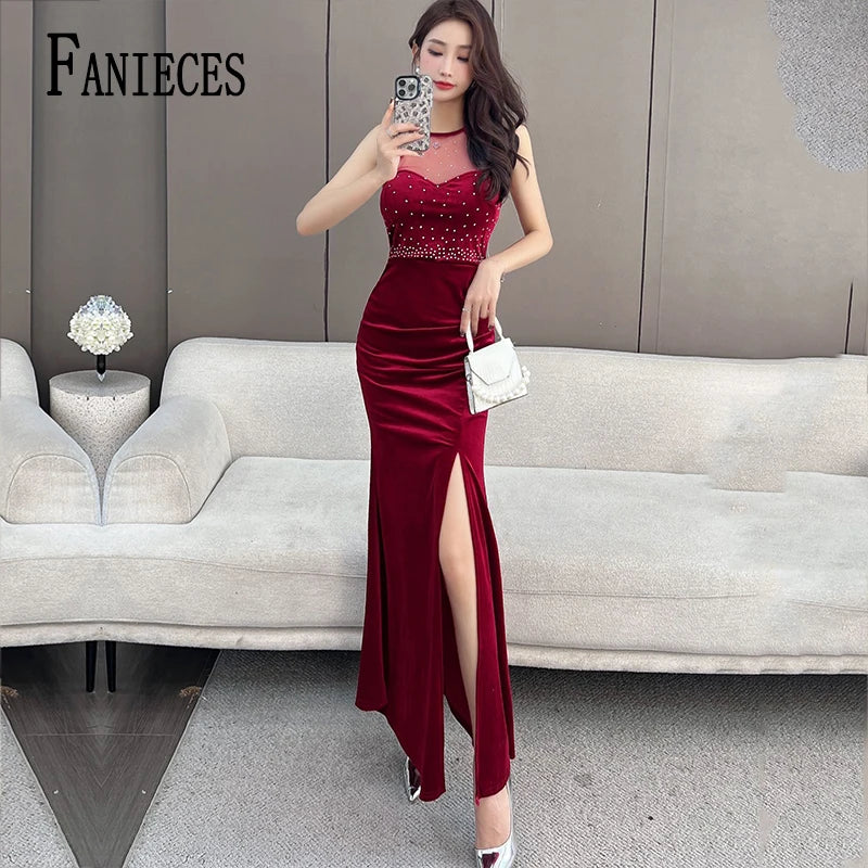 FANIECES فساتين مناسبة رسمية Sexy Mesh Patchwork Velvet Long Dress Trumpet Mermaid High Slit Off Shoulder Party Dress Diamonds