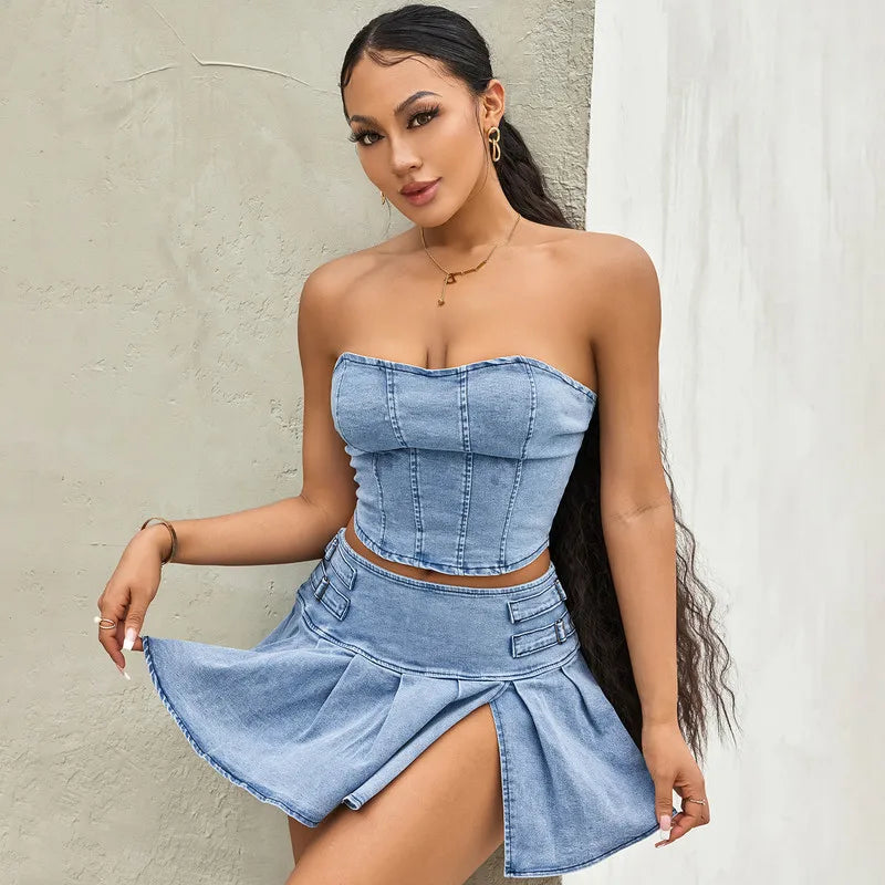 Women Denim 2 Piece Skirts Sets Summer Clothes Sleeveless Off Shoulder Bandeau and Pleated Skirt Dress Sets