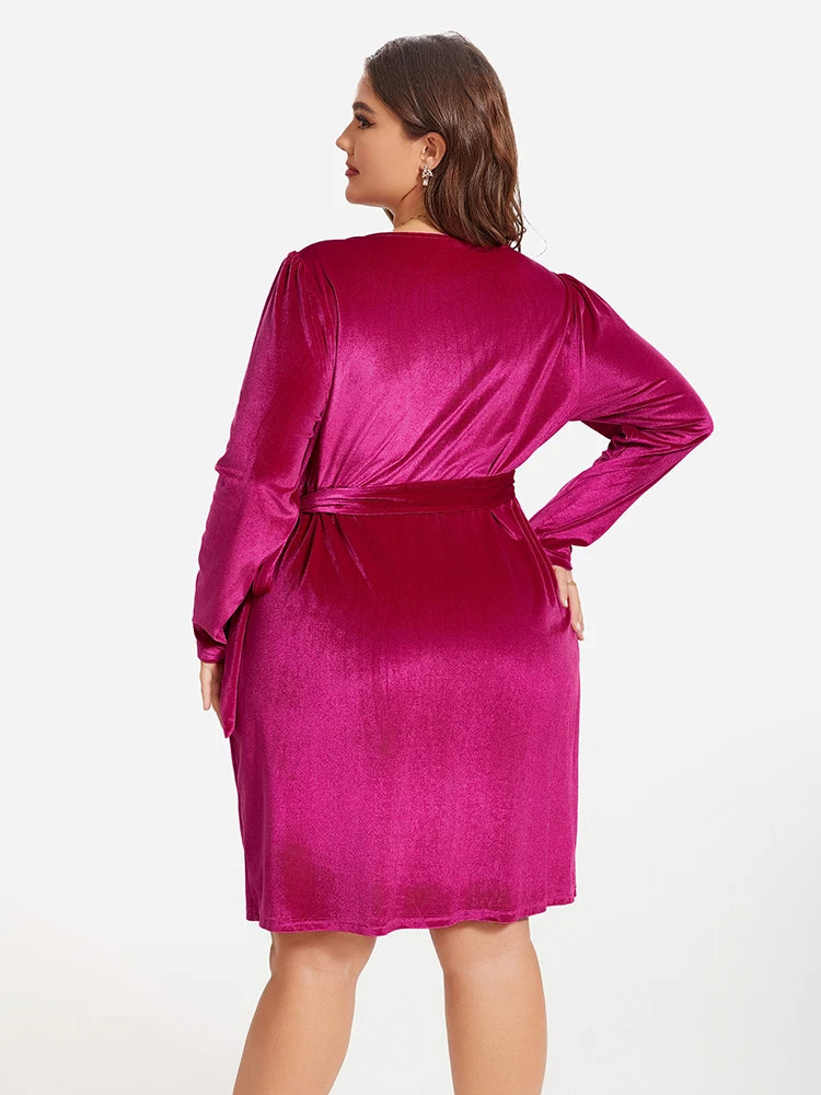 Plus Sized Clothing Women Summer Vintage Women Solid Wrap Knot Side Velvet Party Dress Long Sleeve Clothes Evening Rose Outfits