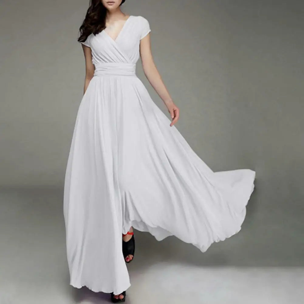 Women'S Deep V Neck Solid Color Dress Elegant Party Dresses For Women Short Sleeves Chiffon High Waist Closing Long Dresses