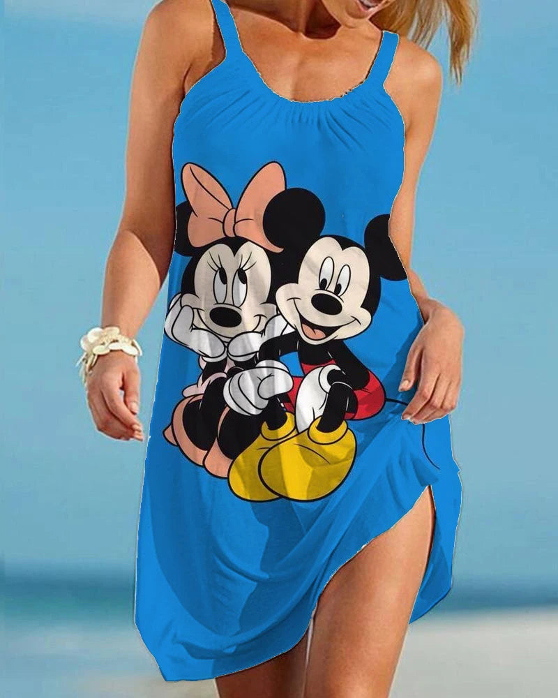 Disney Minnie Mickey Summer Women Beach Dress Sexy Swimsuit Female Beach Cover-Ups Wrap Towel Open Back Sling Mini Beach Dresses